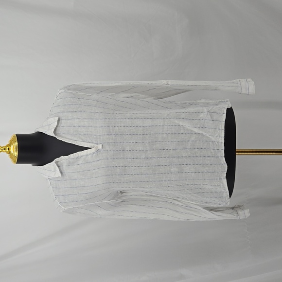 Saks Fifth Avenue Linen White Blue Striped Collared Button Tab Roll Sleeve Top M - Picture 1 of 10